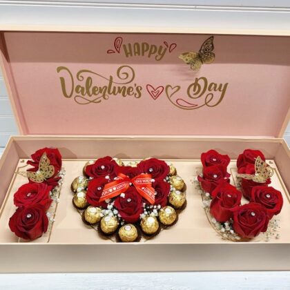 pink gift box of roses and chocolates