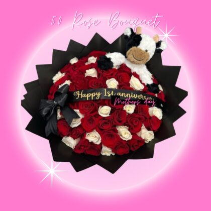 50 Red and white rose bouquet wrapped in our lovely floral wrap. and a lovely cow plushie. black bow included. custom banner is an additional $10