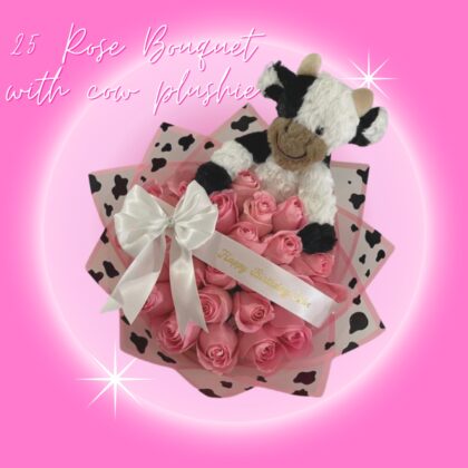 25 Pink rose bouquet wrapped in our lovely floral wrap with cute cow plush and a lovely hand tied bow. custom banner can be added for an additional $10.