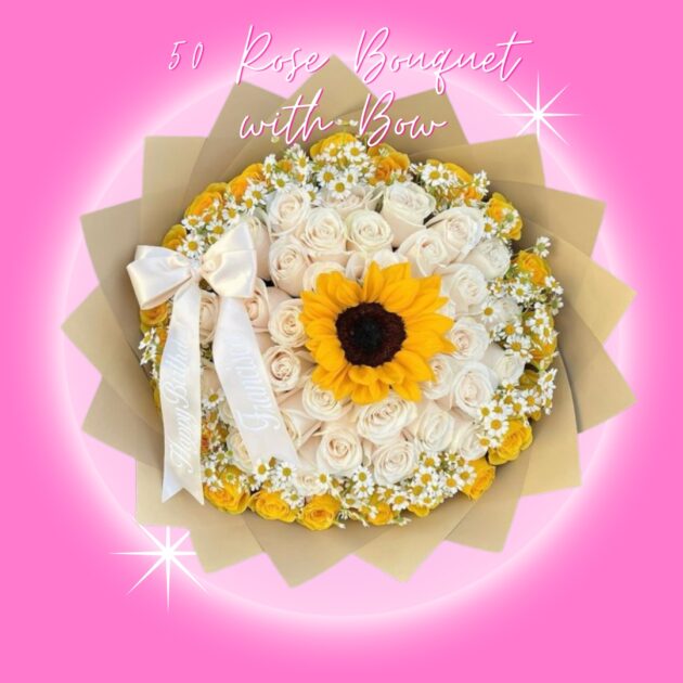 Combination of 50 white and yellow rose bouquet wrapped in our lovely tan floral wrap. This lovely rose bouquet includes one sunflower and makes a fabulous way to show off your love and affection for the amazing person in your life.