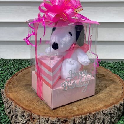 Soft Plushie gift box and chocolates with a happy birthday sign and big gift bow