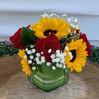 Classic elegance of red roses paired with the cheerful brightness of sunflowers. These stunning blooms are artfully arranged in a glass cube vase, creating a modern and sophisticated look.